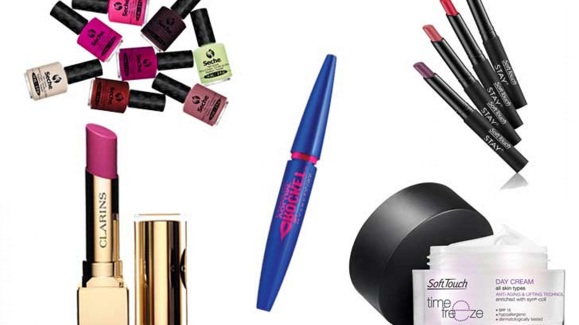 מימין לשמאל ובכיוון השעון: מבחר שפתונים סטיי פלוס  Soft Touch, , קרם לחות ליום Soft Touch , מסקרה VOLUM' EXPRESS – THE ROCKET של מייבלין, שפתון קלרינס ומגוון לקים של seche | צלם: יח"צ, דיויד מוריס, מוטי פישביין