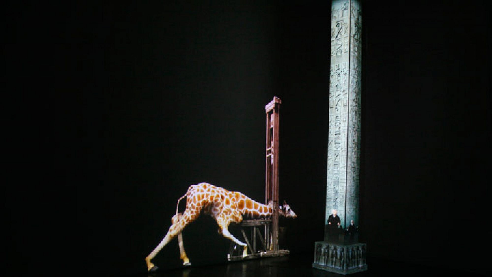 פרט מס' 1 מתוך מוזיאון התמימות של המונומנטים העקורים: "אובליסק לוקסור", 2014, מיצב וידאו בשני ערוצים, 3:20 דקות, הקרנה מחזורית. צילום: רננה נאומן