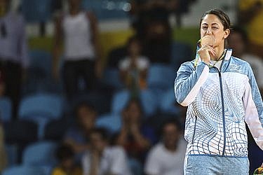 RIO DE JANEIRO, BRAZIL - AUGUST 09:  Yarden Gerbi of Israel celebrates afte winning the bronze medal against Miku Tashiro of Japan (not in frame) after the Women's -63kg bronze medal a bout on Day 4 of the Rio 2016 Olympic Games at the Carioca Arena 2 on August 9, 2016 in Rio de Janeiro, Brazil. (Photo by William Volcov/Brazil Photo Press/LatinContent/Getty Images)/Getty Images)
