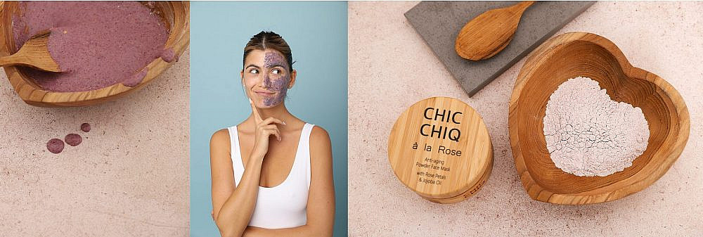 CHIC CHIQ מסכות פנים אבקתיות בשיטת האיורוודה, עשויות רכיבים טבעיים בלבד הנטחנים לאבקה ומתעוררים לחיים עם טיפת מים