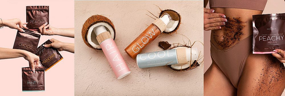 COCOSOLIS סדרת שמני גוף ופילינג אורגניים על בסיס שמן קוקוס בכבישה קרה עשירים בלחות ויטמין E עשויים 100% רכיבים טבעיים וריחות משכרים