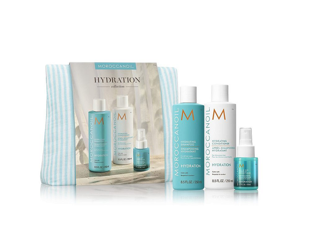MOROCCANOIL HYDRATION. מארז לחות של שמפו 250 מ"ל, מרכך 250 מ"ל ומרכך ללא שטיפה 50 מ"ל. 200 ש"ח | צילום: יח"צ